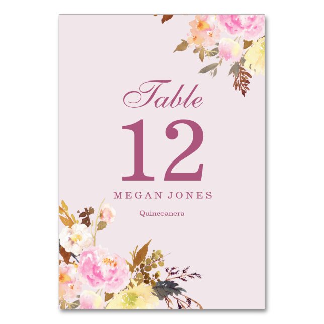 Floral rosa elegante Quinceanera número de mesa (Anverso)