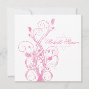 Floral rosa en invitación a Mitzvah con murciélago