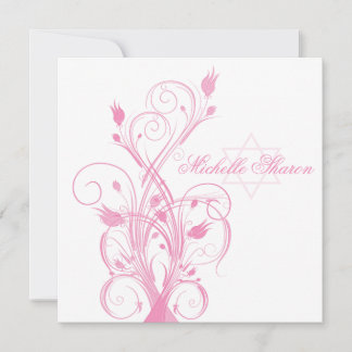 Floral rosa en invitación a Mitzvah con murciélago