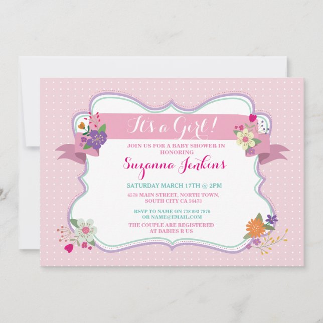 Floral rosa es un Chica / Invitación de Baby Showe (Anverso)