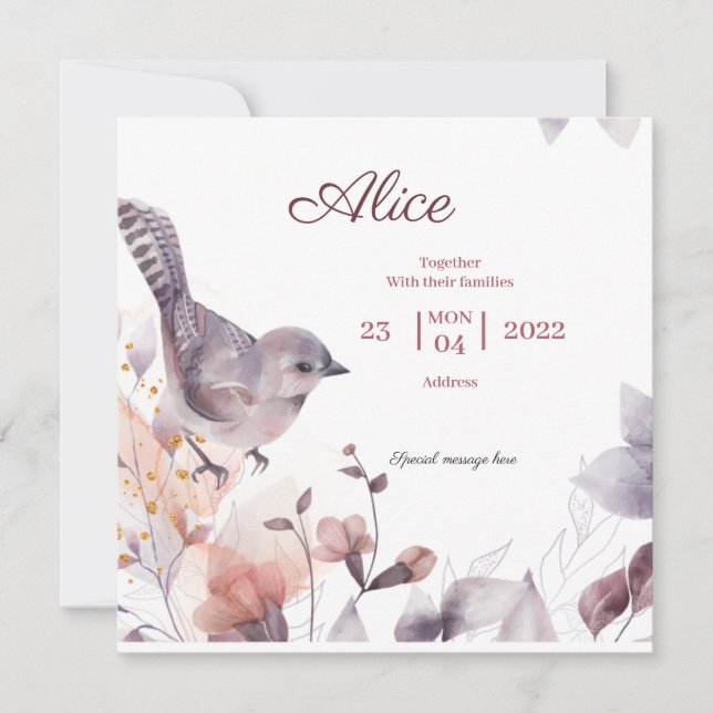 Floral rosa púrpura con Birds baby ducha Invitat (Anverso)