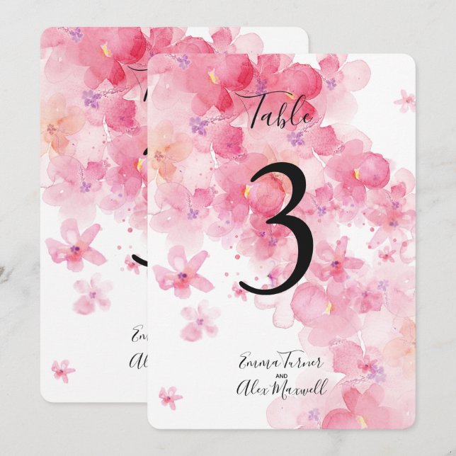 Floral Rosa Romántico | Tarjetas de número de mesa (Anverso / Reverso)