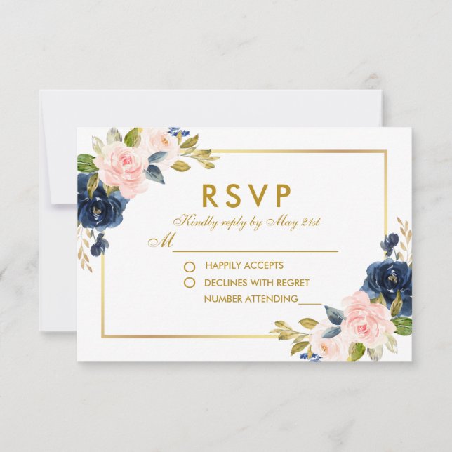 Floral rosa Rubor Blue Wedding RSVP Gold (Anverso)