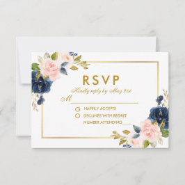Floral rosa Rubor Blue Wedding RSVP Gold