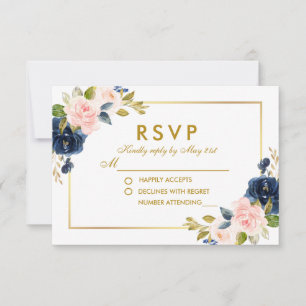 Floral rosa Rubor Blue Wedding RSVP Gold