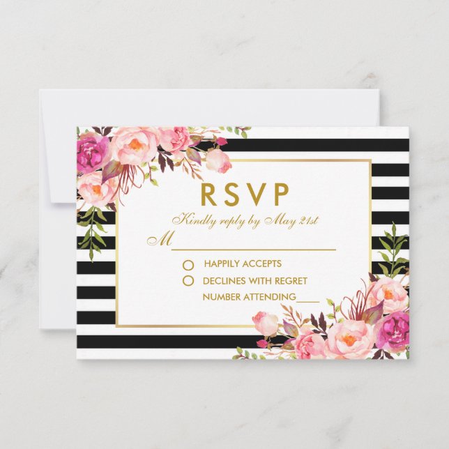 Floral rosa Rubor Gold Black Stripes RSVP Boda (Anverso)