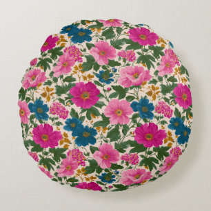 Floral rosa y azul en la almohada redonda crema
