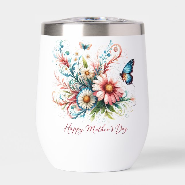 Floral rosa y azul Feliz Día de la Madre (Frente)