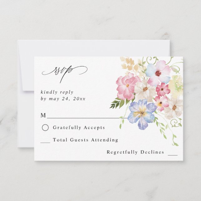 Floral rosa y morado blanco no carne RSVP (Anverso)