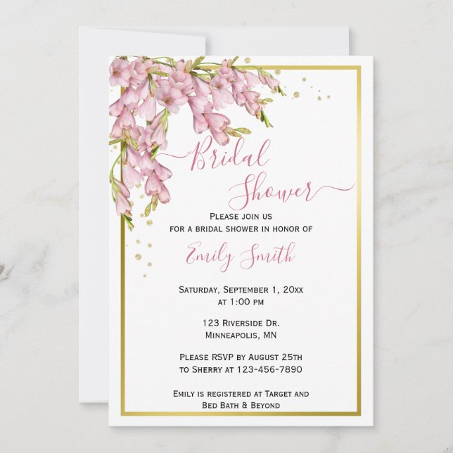 Floral rosa y oro | Breve invitación a la ducha (Anverso)