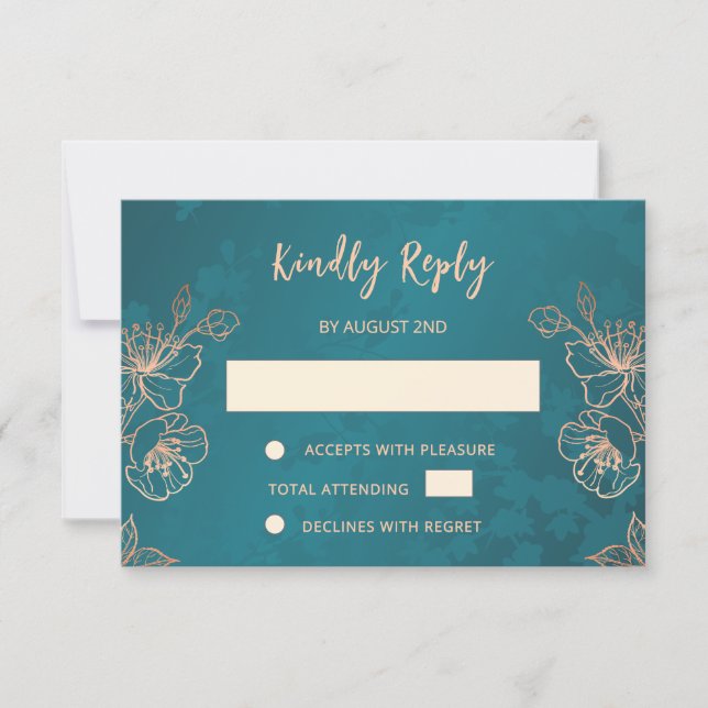 Floral Rose Gold Teal Wedding RSVP (Anverso)