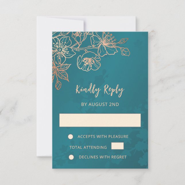 Floral Rose Gold Teal Wedding RSVP (Anverso)