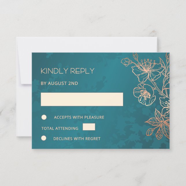 Floral Rose Gold Teal Wedding RSVP (Anverso)