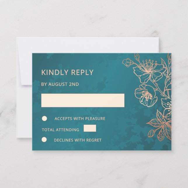 Floral Rose Gold Teal Wedding RSVP (Anverso)