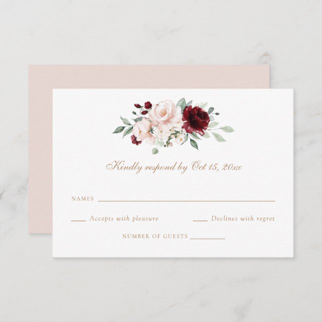Floral Rubor Burgundy Greenery Wedding Tarjeta RSV (Anverso / Reverso)