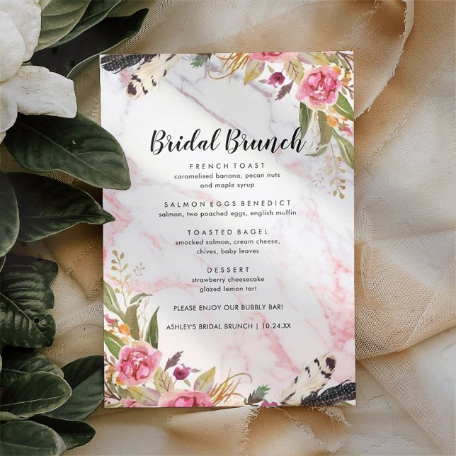 Floral Rubor Marble Elegant Bridal Brunch Menú (Subido por el creador)