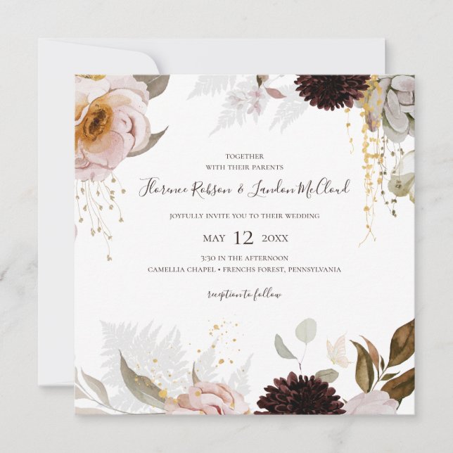 Floral Rubor moderna | Invitación a la boda cuadra (Anverso)