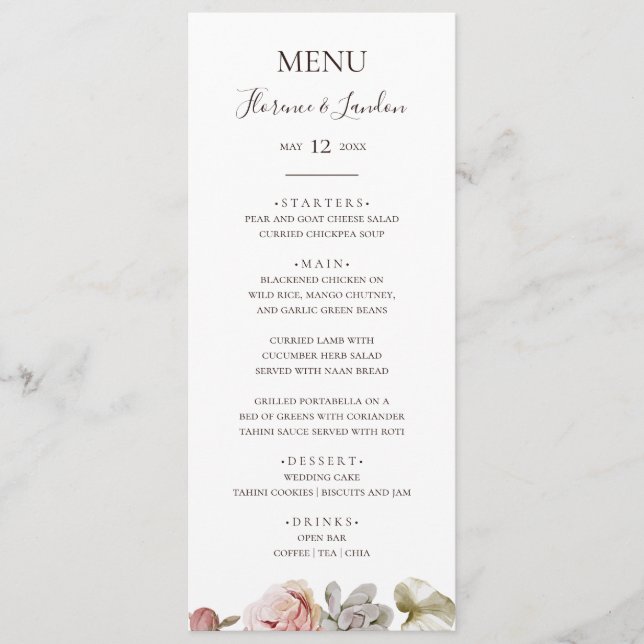 Floral Rubor moderna | Menú de cena Boda (Anverso)