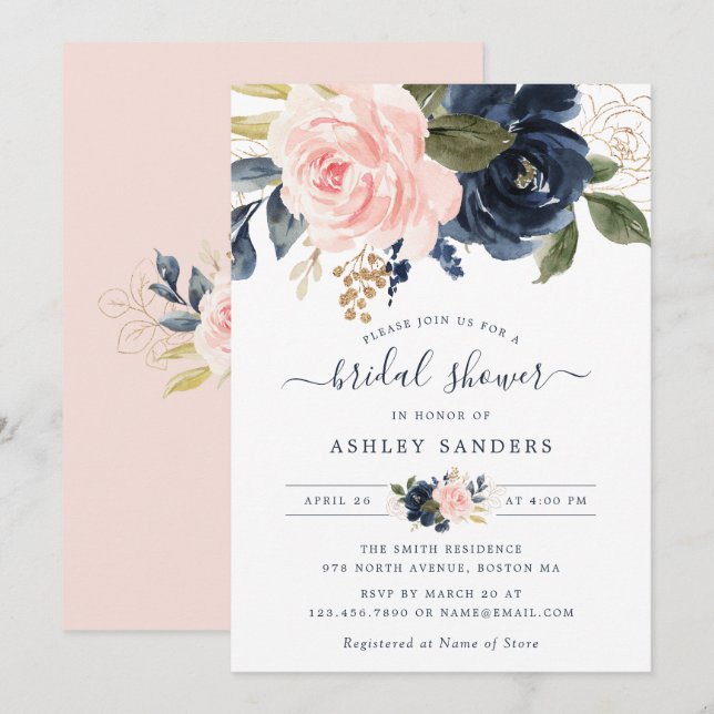 Floral Rubor Navy Elegant Bridal Shower Invitación (Anverso / Reverso)