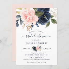 Floral Rubor Navy Elegant Bridal Shower Invitación