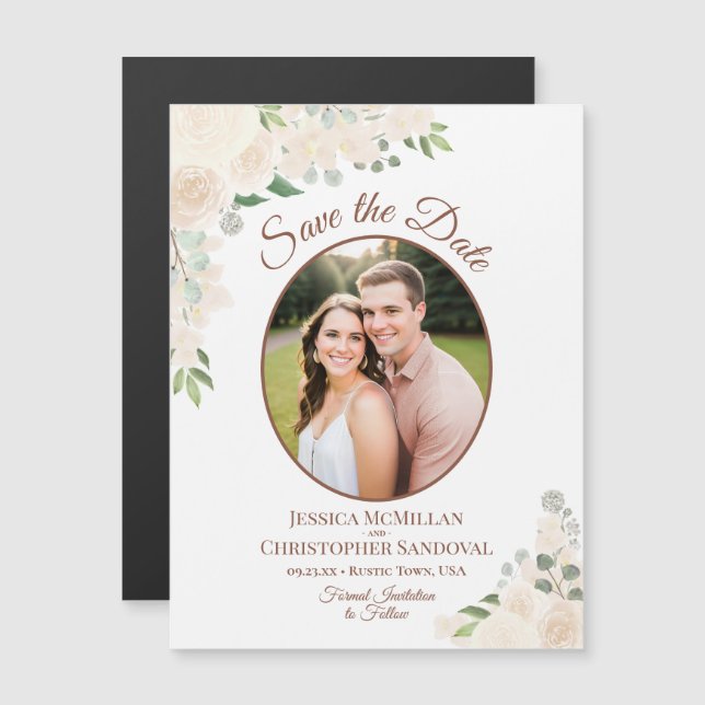 Floral Rubor Peach Save the Date Oval Photo Magnet (Anverso/Reverso)