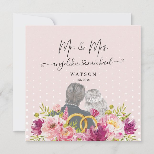 Floral Rubor Peonies Trendy Script Mr. y Mrs. (Anverso)