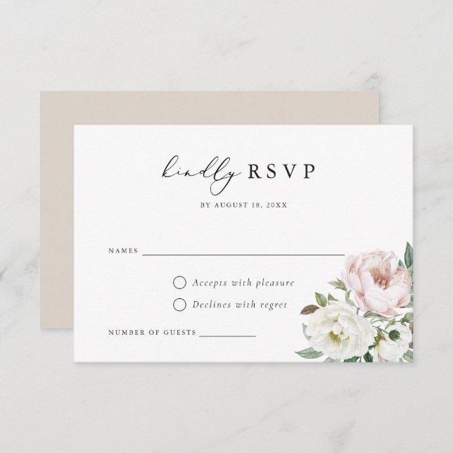 Floral Rubor White Peony Wedding Tarjeta RSVP (Anverso / Reverso)