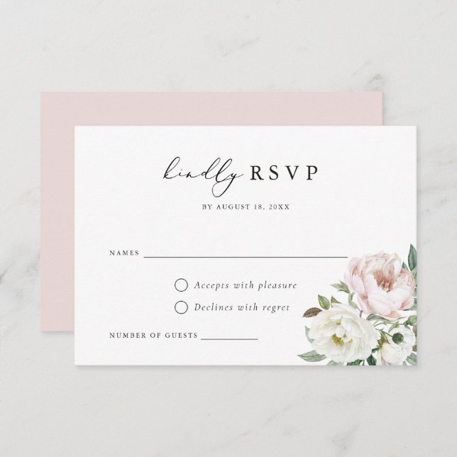 Floral Rubor White Peony Wedding Tarjeta RSVP (Anverso / Reverso)