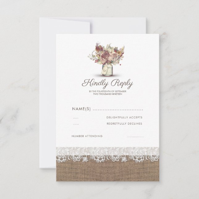 Floral rusa Mason Jar | Burlap Wedding RSVP (Anverso)