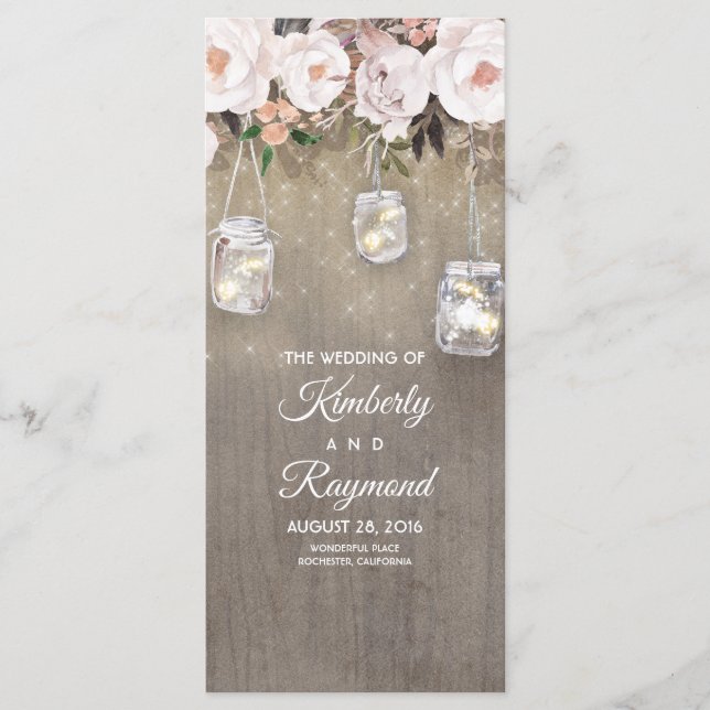 Floral Rustic Mason Jar alumbra programas de boda (Anverso)
