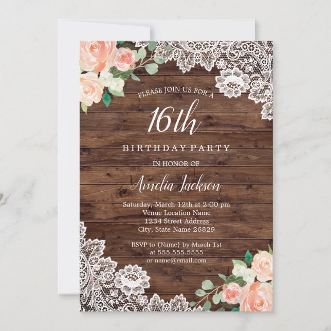 Floral Rustic Wood Lace Invitación a los 16 cumple (Anverso)