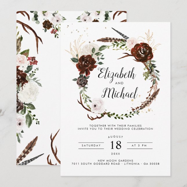Floral rústica | Invitación a bodas botánicas Boho (Anverso / Reverso)