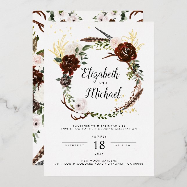 Floral rústica | Invitación a bodas botánicas Boho (Anverso/Reverso)