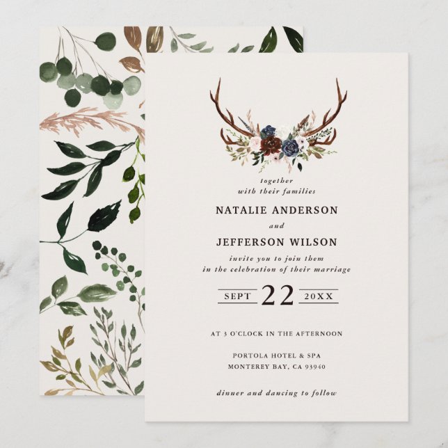 Floral rústica y antángulos boda marina borgoña (Anverso / Reverso)