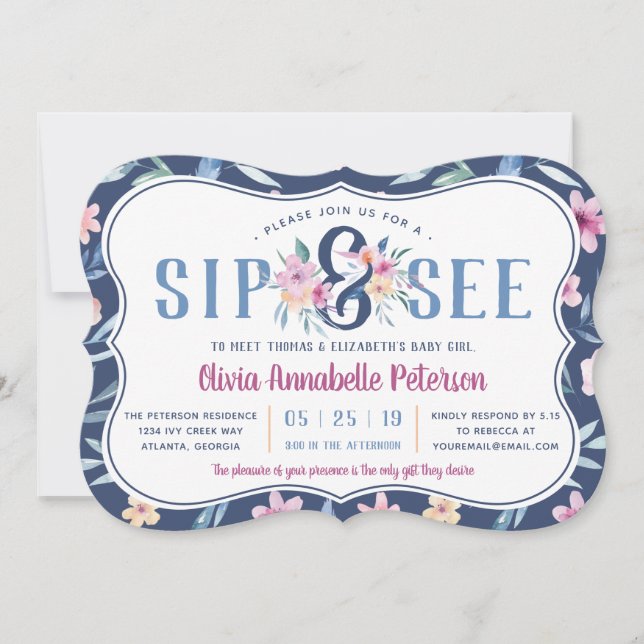 Floral Sip y ver la invitación de Baby Shower, pri (Anverso)