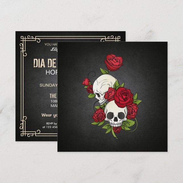 Floral Skulls Dia de los Muertos Invitación de fie (Anverso / Reverso)