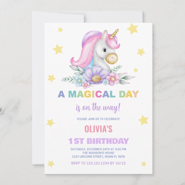 Floral Stars Unicorns Invitaciones de cumpleaños (Anverso)