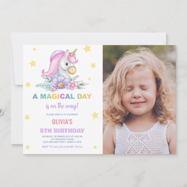 Floral Stars Unicorns Invitaciones de cumpleaños f (Anverso)