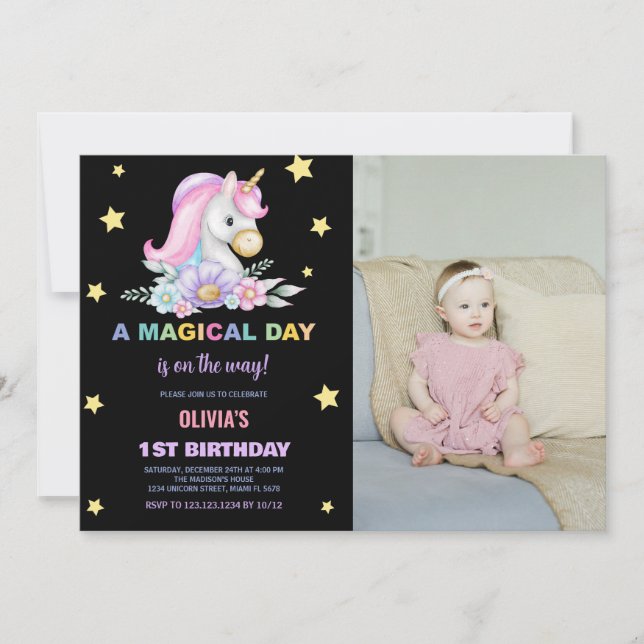 Floral Stars Unicorns Invitaciones de cumpleaños f (Anverso)
