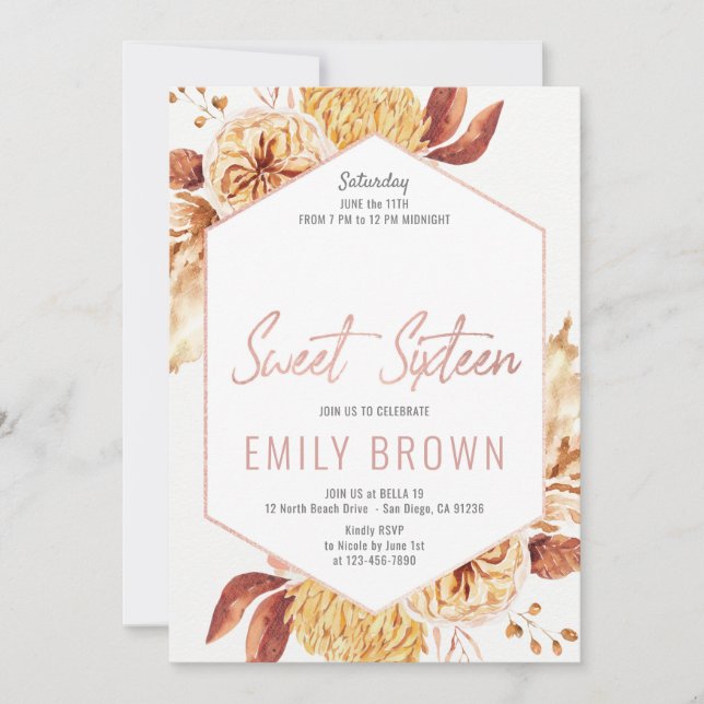 Floral Sweet 16 Invitaciones de cumpleaños (Anverso)