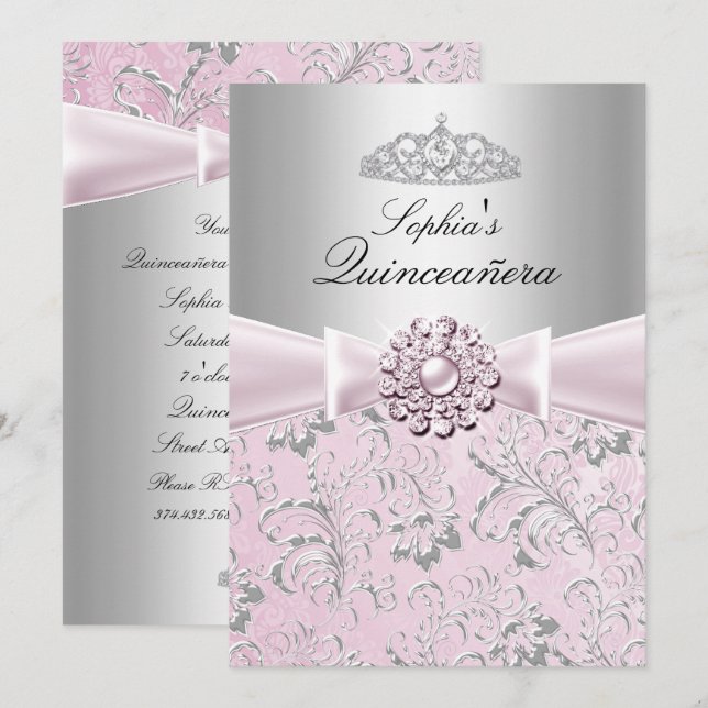 Floral Swirl Tiara Quinceanera Invitaciones (Anverso / Reverso)
