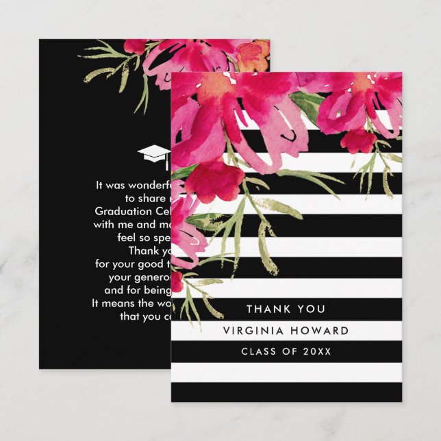Floral | Tarjeta de agradecimiento de franjas negr (Anverso / Reverso)
