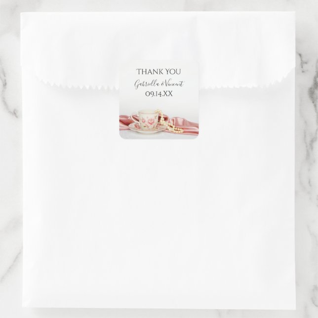 Floral Tea Cup Pearls Boda Gracias Etiqueta De Fav (Bolso)