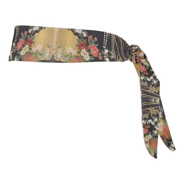 Floral tradicional japonesa de kimono negro y dora (Girar 90)