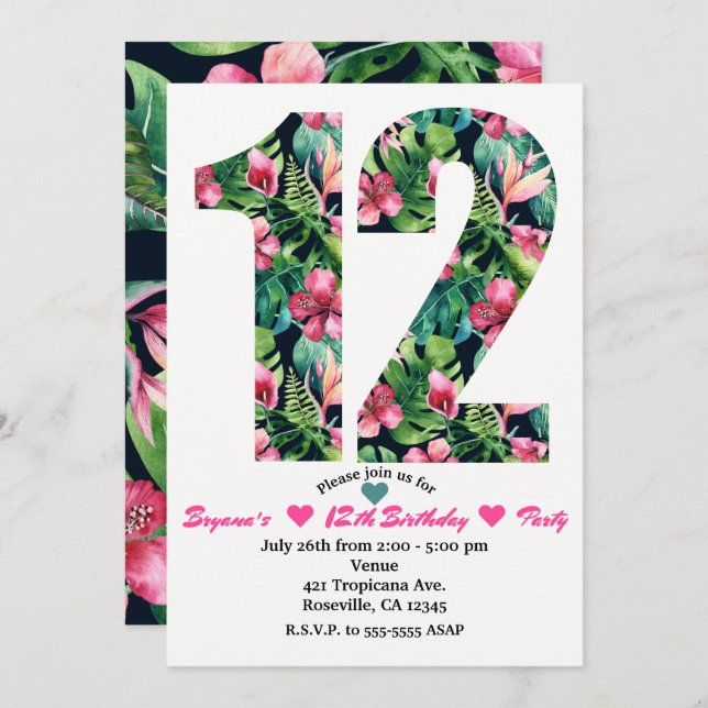 Floral tropical 12 12ª invitación a fiesta de cump (Anverso / Reverso)