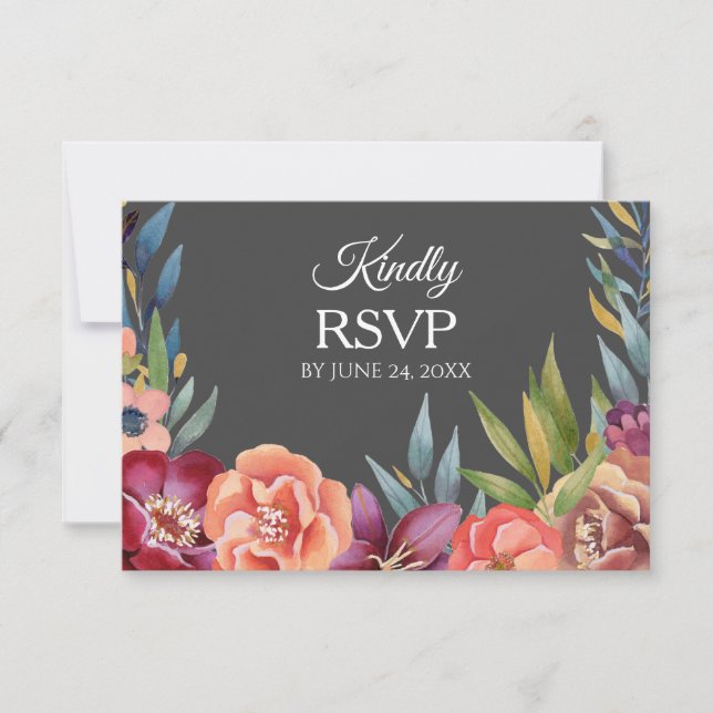 Floral Tropical Burgundy RSVP 3 Tarjeta de Comida- (Anverso)