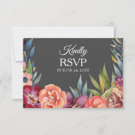 Floral Tropical Burgundy RSVP 3 Tarjeta de Comida-
