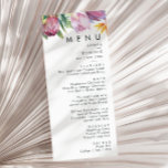 Floral tropical colorida | Menú de cena Boda<br><div class="desc">Esta floral tropical colorida | El menú de la cena boda es perfecto para su boda boho moderno, verde, violeta y melocotón. El diseño cuenta con un elegante ramo de vegetación acuática clásica y flores que pueden incluir eucalipto verde salado, protea malva y roja, hibiscos rosa rubor, ave paradisíaca naranja...</div>