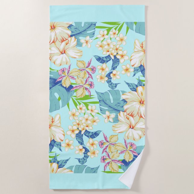 Floral tropical con toalla de playa de borde azul (Anverso)