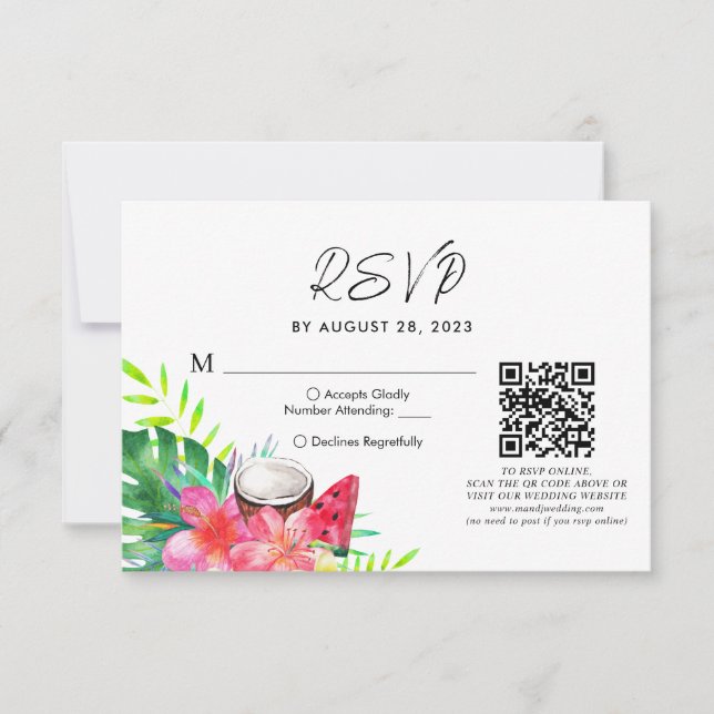 Floral Tropical Hawaití Código QR Boda Rsvp (Anverso)